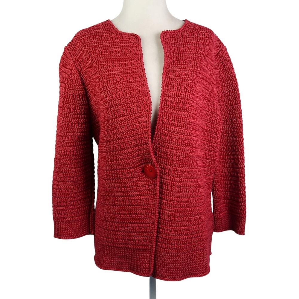 Vintage 90s Jones New York Ruby Red Mercerized Cotton Cardigan Sweater L